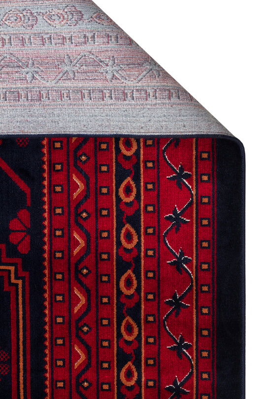 Buhara 01 Navy Afgan Desenli Viskon ile Üretilen Parlak ve Yumuşak Doku, Tabanı Kaydırmaz İnce Halı