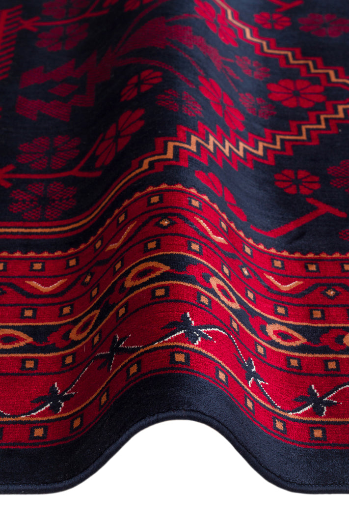 Buhara 01 Navy Afgan Desenli Viskon ile Üretilen Parlak ve Yumuşak Doku, Tabanı Kaydırmaz İnce Halı