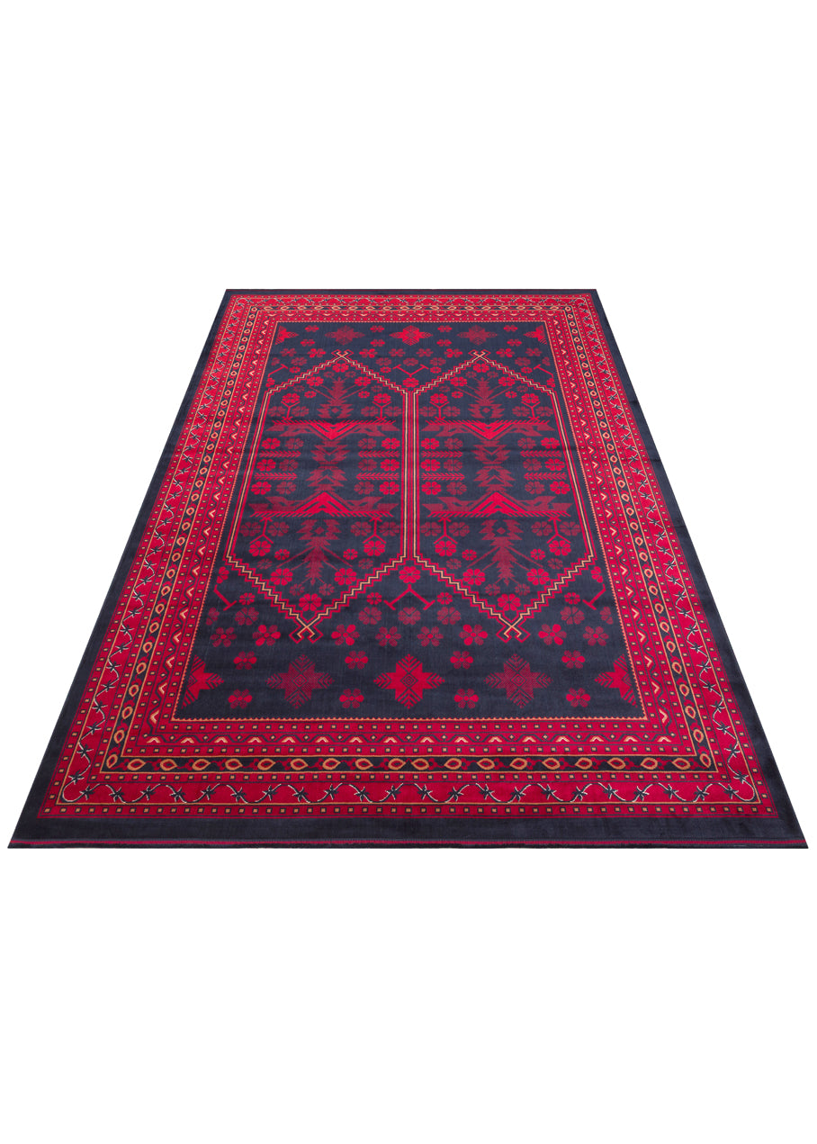 Buhara 01 Navy Afgan Desenli Viskon ile Üretilen Parlak ve Yumuşak Doku, Tabanı Kaydırmaz İnce Halı