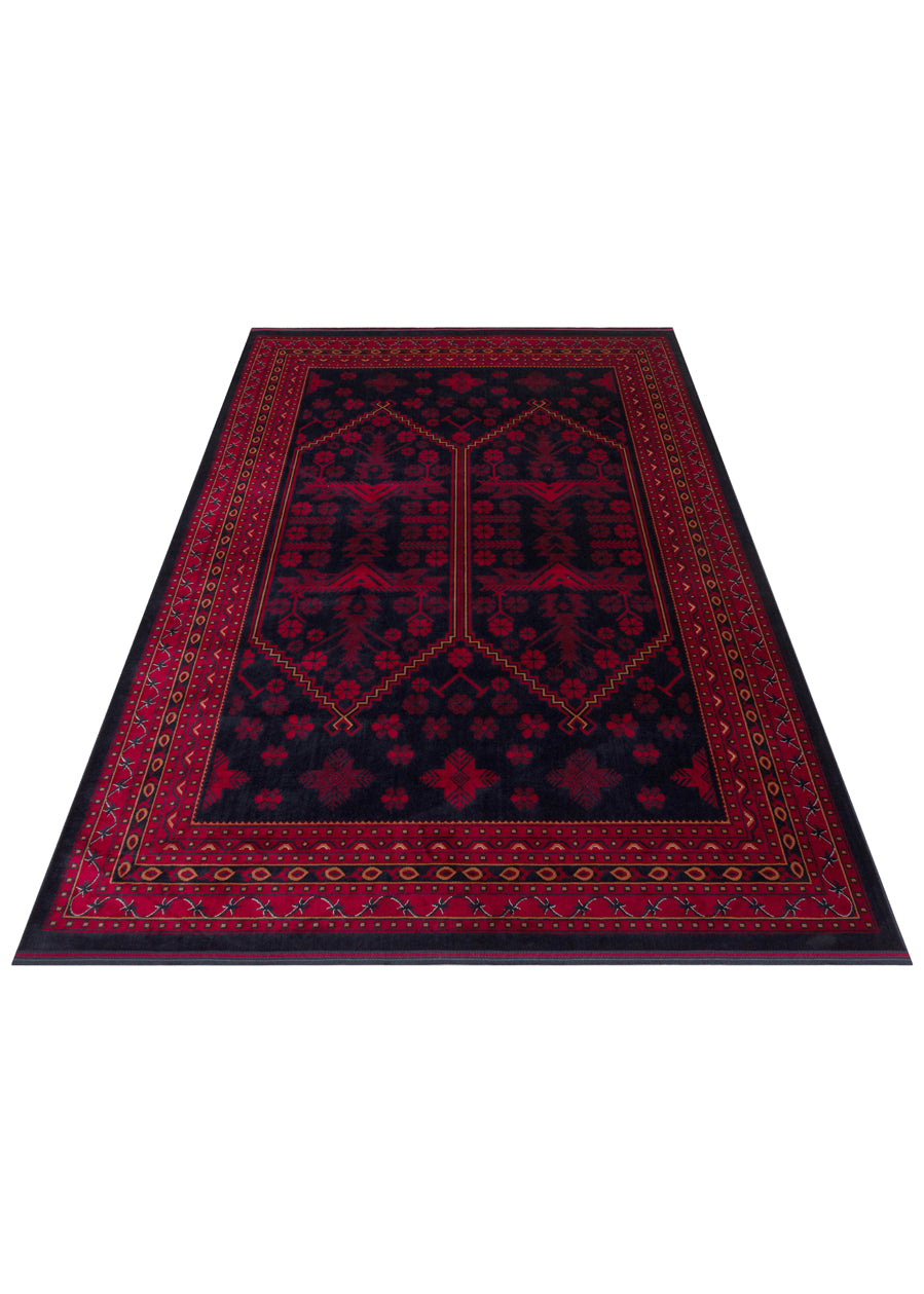 Buhara 01 Navy Afgan Desenli Viskon ile Üretilen Parlak ve Yumuşak Doku, Tabanı Kaydırmaz İnce Halı