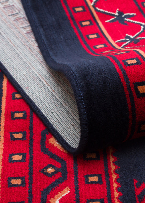 Buhara 01 Navy Afgan Desenli Viskon ile Üretilen Parlak ve Yumuşak Doku, Tabanı Kaydırmaz İnce Halı