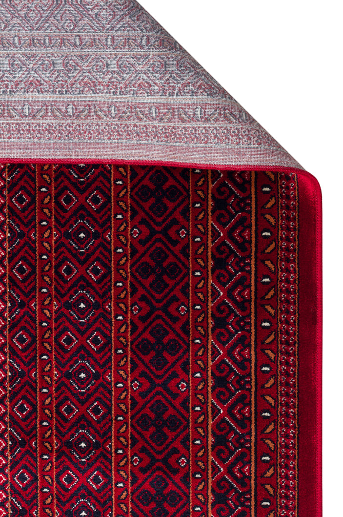 Buhara 02 Red Afgan Desenli Viskon ile Üretilen Parlak ve Yumuşak Doku, Tabanı Kaydırmaz İnce Halı