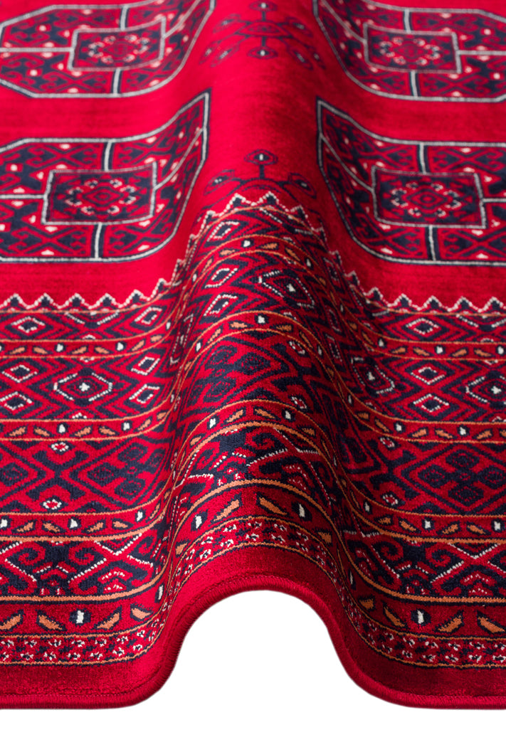 Buhara 02 Red Afgan Desenli Viskon ile Üretilen Parlak ve Yumuşak Doku, Tabanı Kaydırmaz İnce Halı