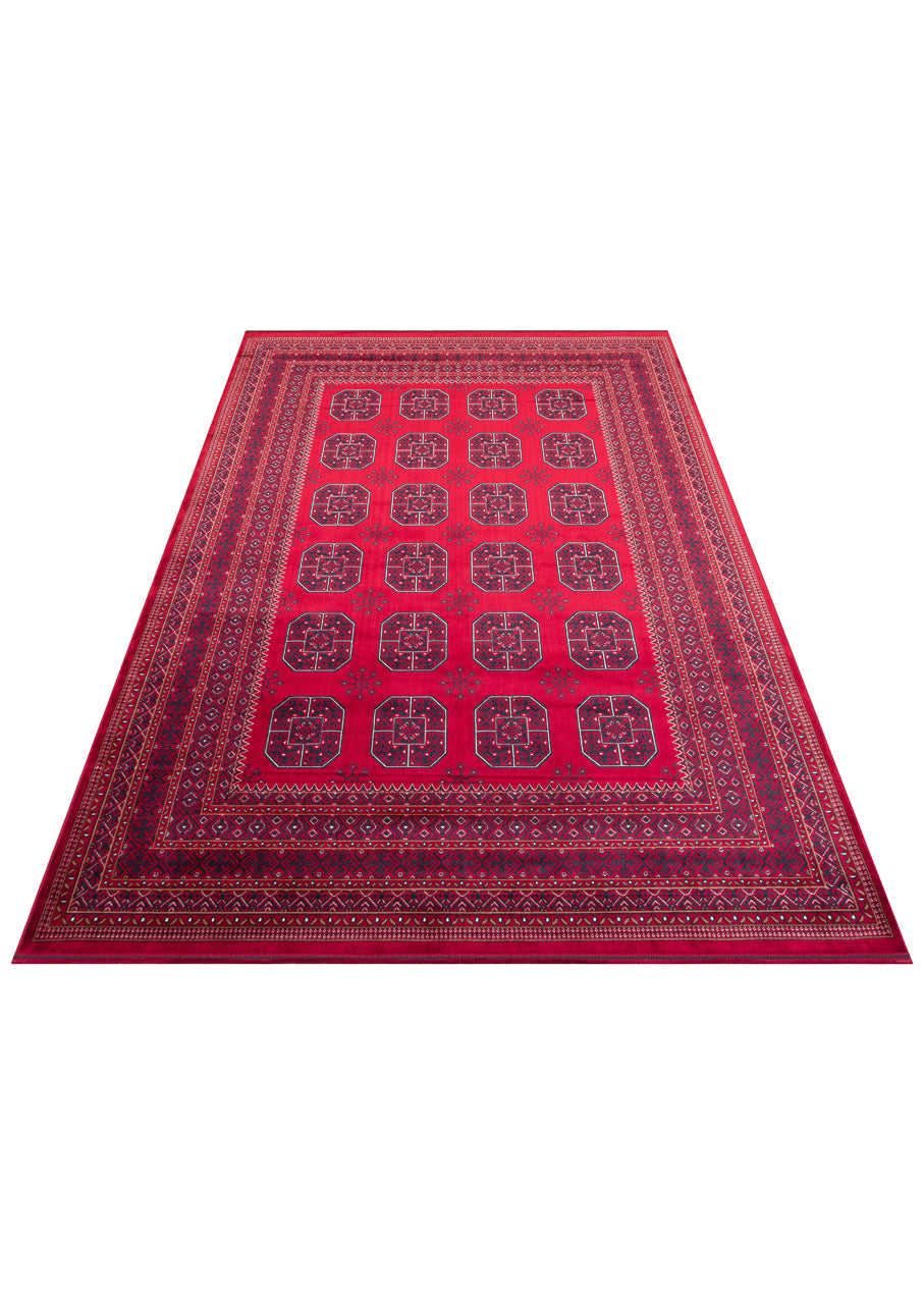 Buhara 02 Red Afgan Desenli Viskon ile Üretilen Parlak ve Yumuşak Doku, Tabanı Kaydırmaz İnce Halı