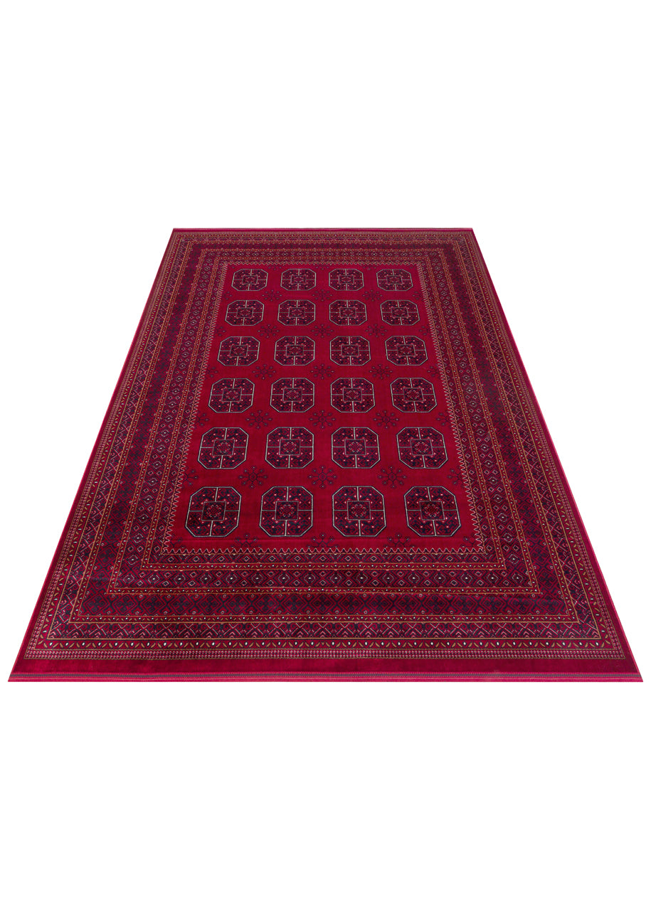 Buhara 02 Red Afgan Desenli Viskon ile Üretilen Parlak ve Yumuşak Doku, Tabanı Kaydırmaz İnce Halı