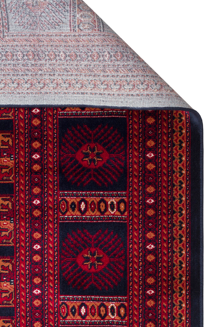 Buhara 03 Navy Afgan Desenli Viskon ile Üretilen Parlak ve Yumuşak Doku, Tabanı Kaydırmaz İnce Halı