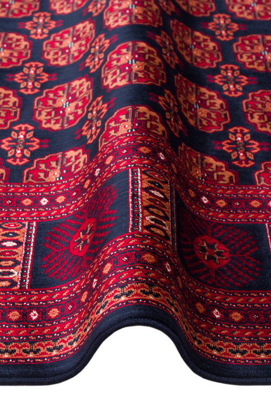 Buhara 03 Navy Afgan Desenli Viskon ile Üretilen Parlak ve Yumuşak Doku, Tabanı Kaydırmaz İnce Halı