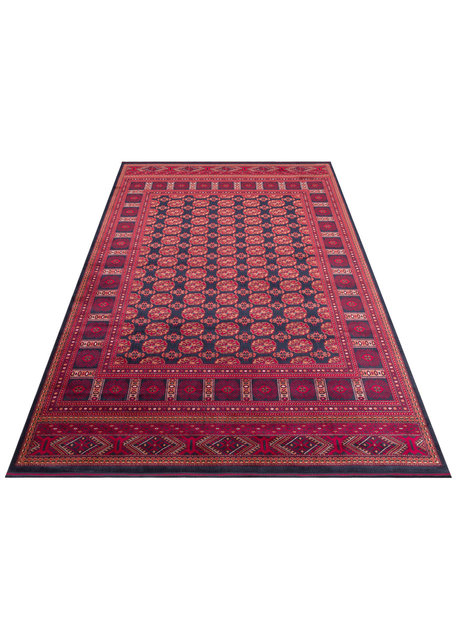 Buhara 03 Navy Afgan Desenli Viskon ile Üretilen Parlak ve Yumuşak Doku, Tabanı Kaydırmaz İnce Halı