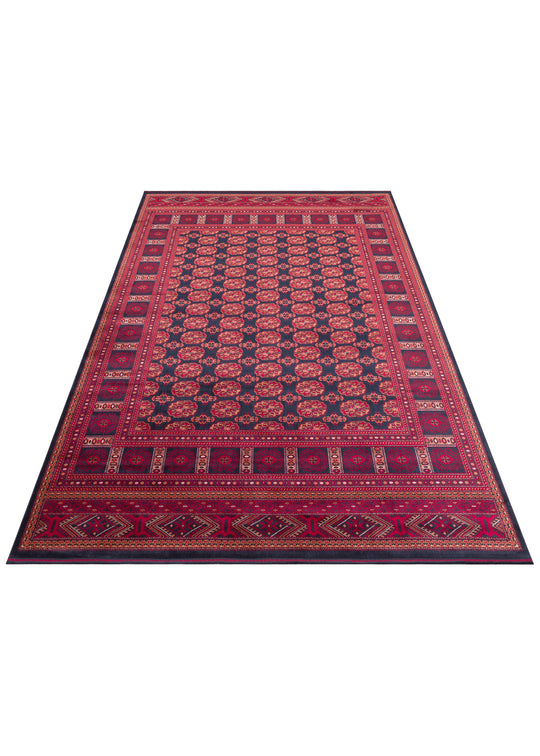 Buhara 03 Navy Afgan Desenli Viskon ile Üretilen Parlak ve Yumuşak Doku, Tabanı Kaydırmaz İnce Halı