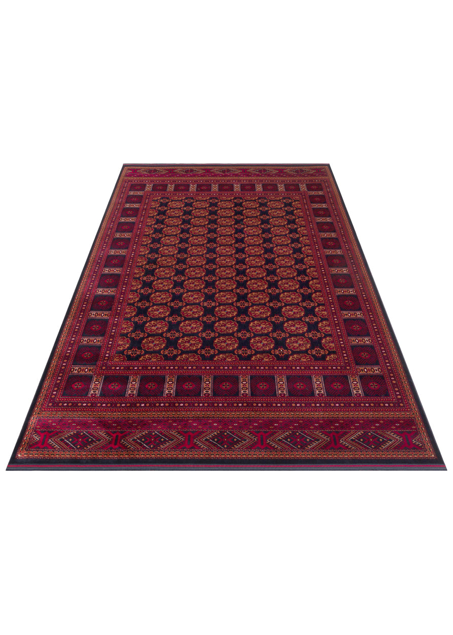 Buhara 03 Navy Afgan Desenli Viskon ile Üretilen Parlak ve Yumuşak Doku, Tabanı Kaydırmaz İnce Halı