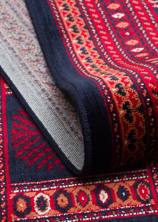 Buhara 03 Navy Afgan Desenli Viskon ile Üretilen Parlak ve Yumuşak Doku, Tabanı Kaydırmaz İnce Halı