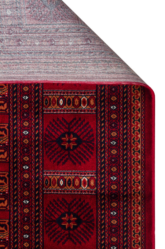 Buhara 03 Red Afgan Desenli Viskon ile Üretilen Parlak ve Yumuşak Doku, Tabanı Kaydırmaz İnce Halı