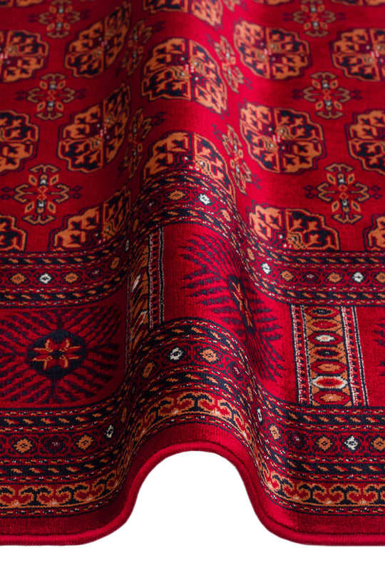 Buhara 03 Red Afgan Desenli Viskon ile Üretilen Parlak ve Yumuşak Doku, Tabanı Kaydırmaz İnce Halı