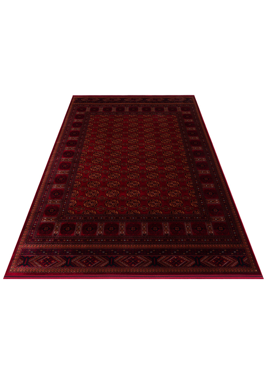 Buhara 03 Red Afgan Desenli Viskon ile Üretilen Parlak ve Yumuşak Doku, Tabanı Kaydırmaz İnce Halı