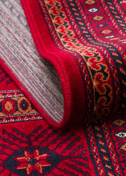 Buhara 03 Red Afgan Desenli Viskon ile Üretilen Parlak ve Yumuşak Doku, Tabanı Kaydırmaz İnce Halı