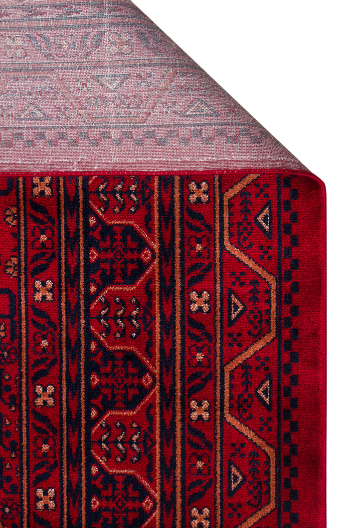 Buhara 04 Red Afgan Desenli Viskon ile Üretilen Parlak ve Yumuşak Doku, Tabanı Kaydırmaz İnce Halı