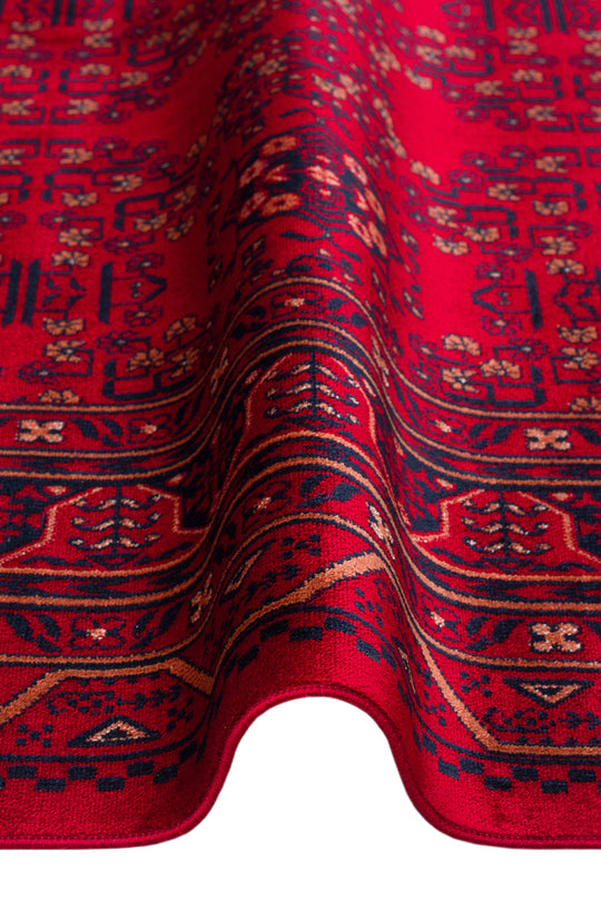 Buhara 04 Red Afgan Desenli Viskon ile Üretilen Parlak ve Yumuşak Doku, Tabanı Kaydırmaz İnce Halı