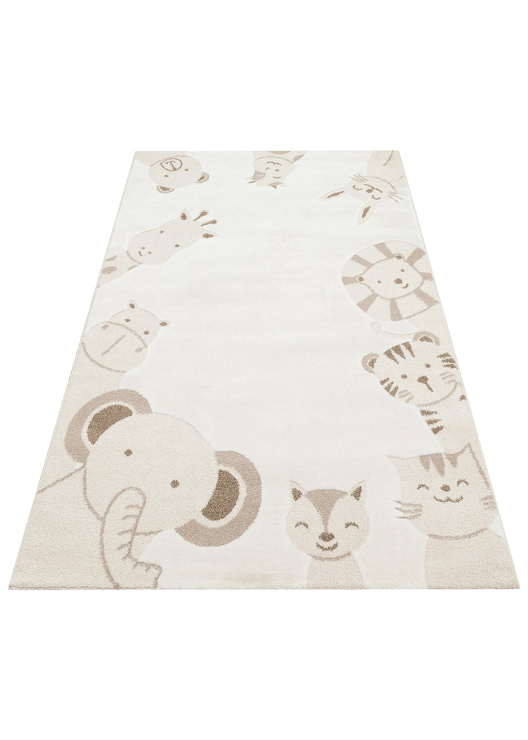 MiniZoo 04 Cream Beige Pastel Renklere Sahip Hayvan Figürlü Bebek ve Çocuk Odası Halısı