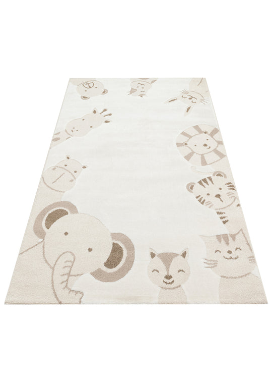 MiniZoo 04 Cream Beige Pastel Renklere Sahip Hayvan Figürlü Bebek ve Çocuk Odası Halısı