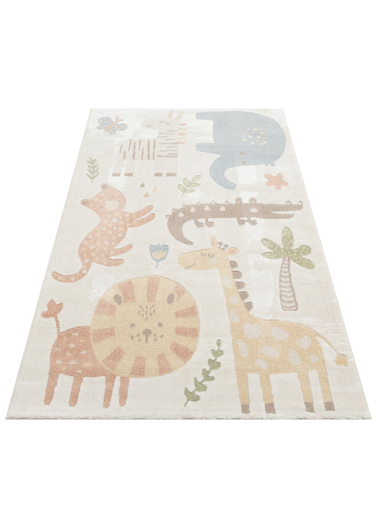 MiniZoo 06 Cream Multy Canlı Renklere Sahip Hayvan Figürlü Bebek ve Çocuk Odası Halısı