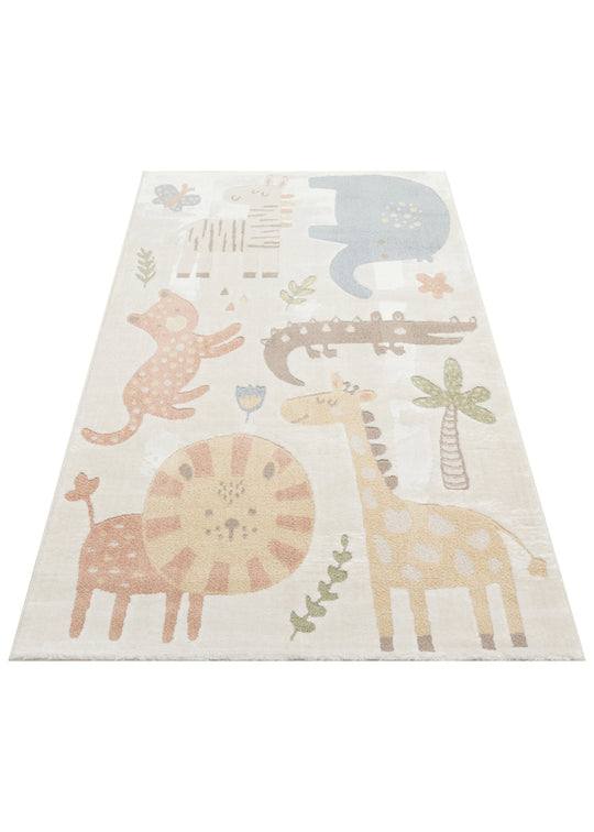 MiniZoo 06 Cream Multy Canlı Renklere Sahip Hayvan Figürlü Bebek ve Çocuk Odası Halısı