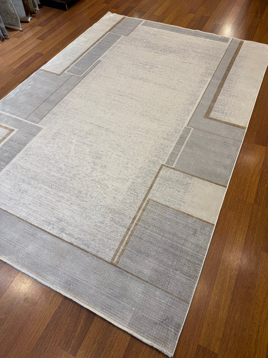 Vera 01 Grey Cream Viskon ile Üretilen Sık Dokuma Modern Salon Halısı