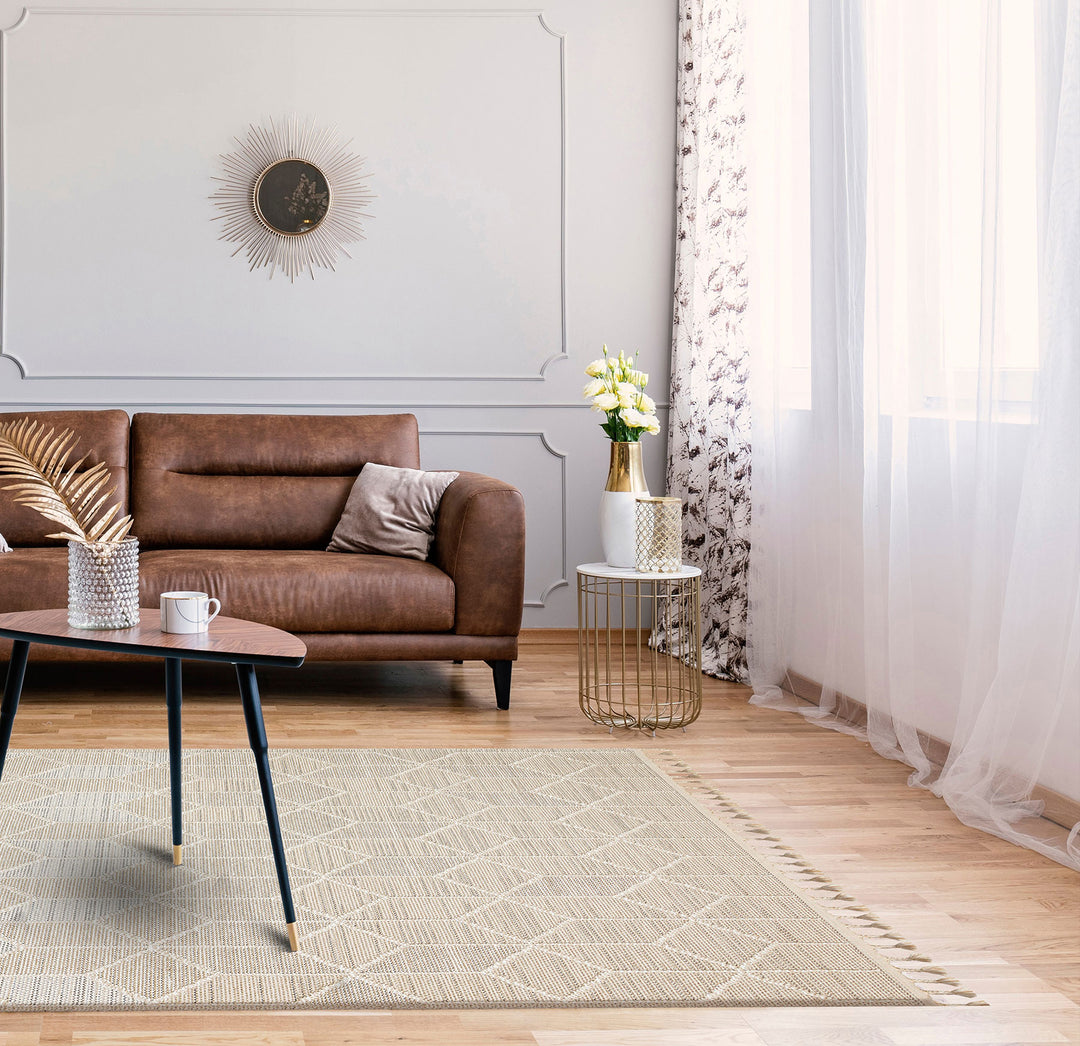 Lion 03 Beige Hasır Dokulu Bukle Dokumasıyla Hav Toz Vermez Modern Makine Halısı