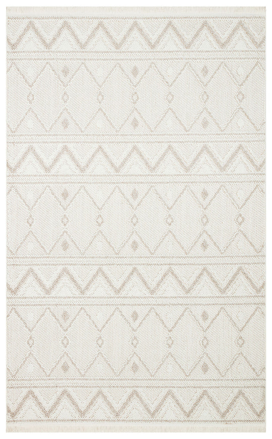 Ohrid 03 White Beige Bukle Dokuma Yapısında Hav Toz Vermeyen Yumuşak Koridor, Salon, Mutfak Halısı