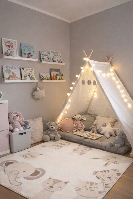 MiniZoo 04 Cream Beige Pastel Renklere Sahip Hayvan Figürlü Bebek ve Çocuk Odası Halısı