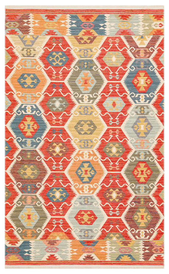 Ürgüp 06 Red %100 Pamuk ile Üretilen Etnik Desenlere Sahip Yıkanabilir Çift Taraflı İnce Kilim