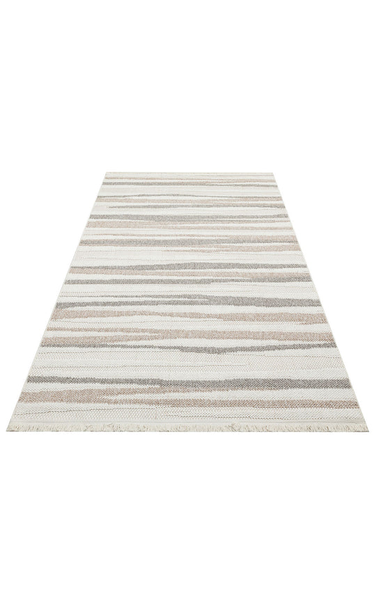 Ohrid 02 White Beige Bukle Dokuma Yapısında Hav Toz Vermeyen Yumuşak Koridor, Salon, Mutfak Halısı