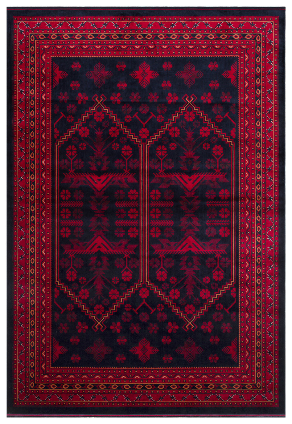 Buhara 01 Navy Afgan Desenli Viskon ile Üretilen Parlak ve Yumuşak Doku, Tabanı Kaydırmaz İnce Halı