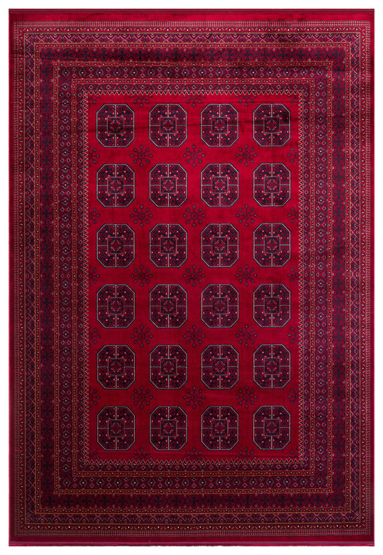 Buhara 02 Red Afgan Desenli Viskon ile Üretilen Parlak ve Yumuşak Doku, Tabanı Kaydırmaz İnce Halı