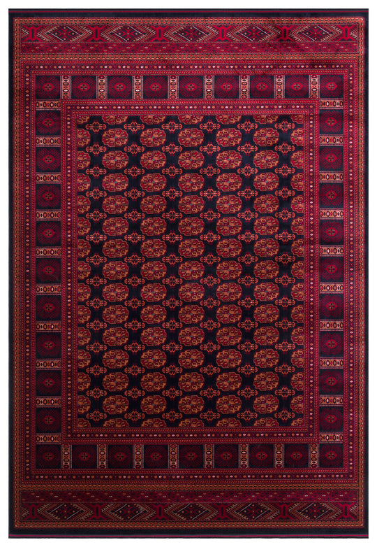 Buhara 03 Navy Afgan Desenli Viskon ile Üretilen Parlak ve Yumuşak Doku, Tabanı Kaydırmaz İnce Halı