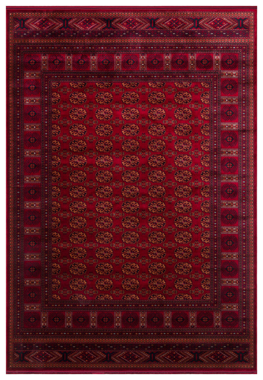 Buhara 03 Red Afgan Desenli Viskon ile Üretilen Parlak ve Yumuşak Doku, Tabanı Kaydırmaz İnce Halı