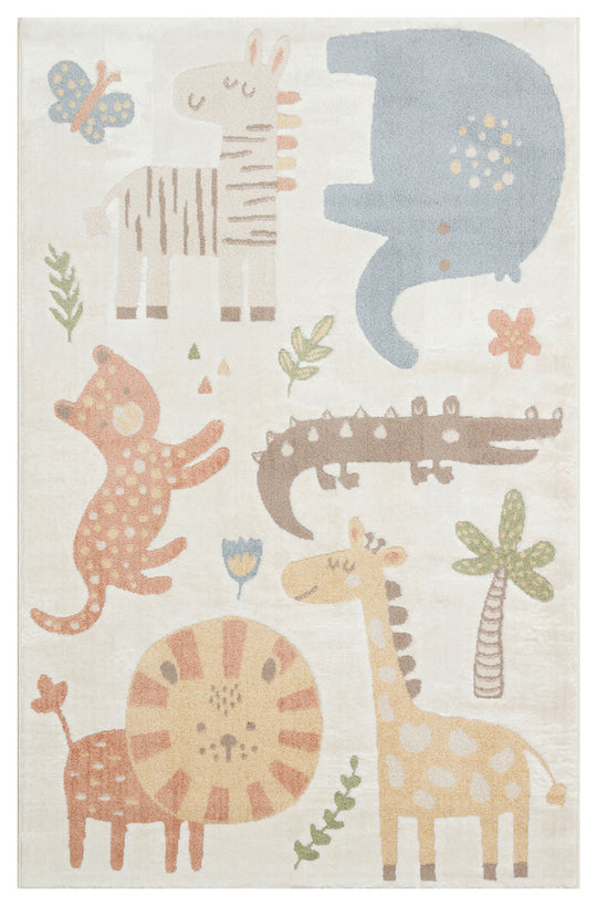 MiniZoo 06 Cream Multy Canlı Renklere Sahip Hayvan Figürlü Bebek ve Çocuk Odası Halısı