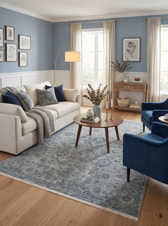 Ayder 01 Blue Vintage Eskitme Desenli Yumuşak Dokulu Sıcak Tonlara Sahip Salon Halısı