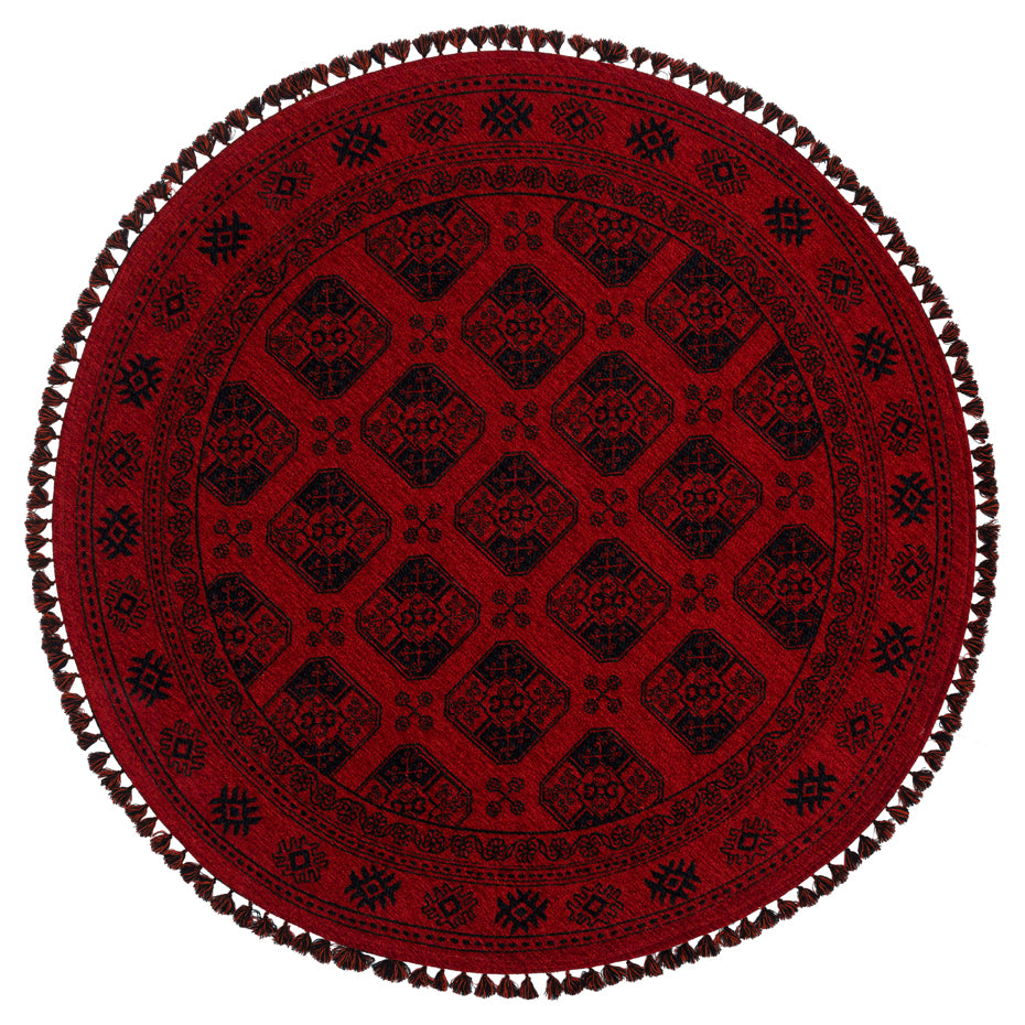 Şiraz 01 Red Q Afgan El Dokuma Görünümlü Yuvarlak Kilim – Yıkanabilir Dekoratif Kilim