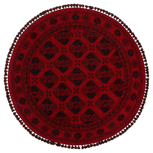 Şiraz 01 Red Q Afgan El Dokuma Görünümlü Yuvarlak Kilim – Yıkanabilir Dekoratif Kilim