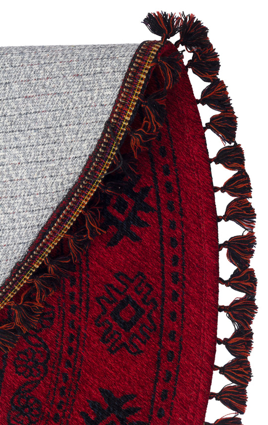 Şiraz 01 Red Q Afgan El Dokuma Görünümlü Yuvarlak Kilim – Yıkanabilir Dekoratif Kilim