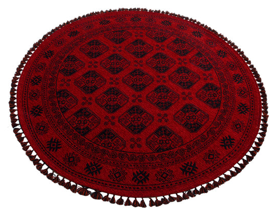 Şiraz 01 Red Q Afgan El Dokuma Görünümlü Yuvarlak Kilim – Yıkanabilir Dekoratif Kilim