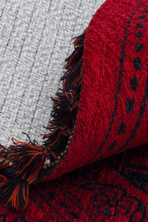 Şiraz 01 Red Q Afgan El Dokuma Görünümlü Yuvarlak Kilim – Yıkanabilir Dekoratif Kilim