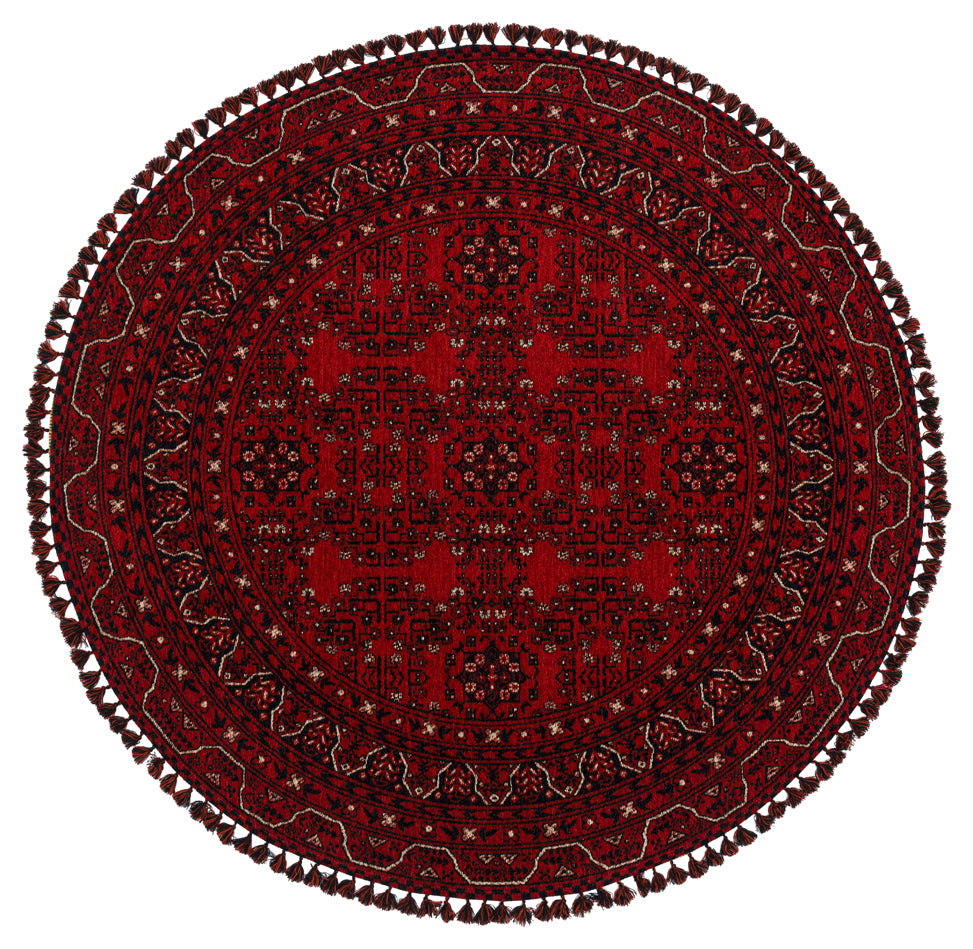 Şiraz 02 Red Q Afgan El Dokuma Görünümlü Yuvarlak Kilim – Yıkanabilir Dekoratif Kilim