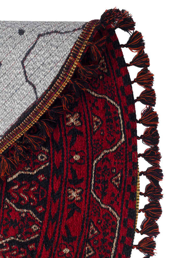 Şiraz 02 Red Q Afgan El Dokuma Görünümlü Yuvarlak Kilim – Yıkanabilir Dekoratif Kilim