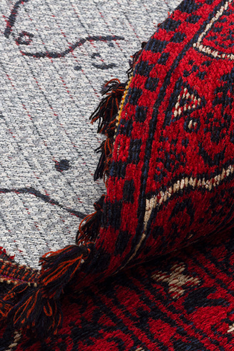 Şiraz 02 Red Q Afgan El Dokuma Görünümlü Yuvarlak Kilim – Yıkanabilir Dekoratif Kilim