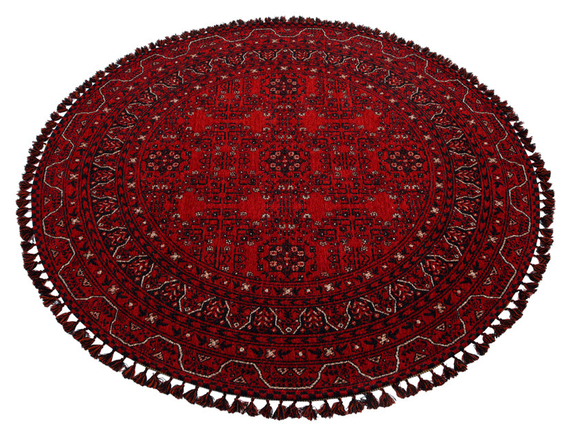 Şiraz 02 Red Q Afgan El Dokuma Görünümlü Yuvarlak Kilim – Yıkanabilir Dekoratif Kilim