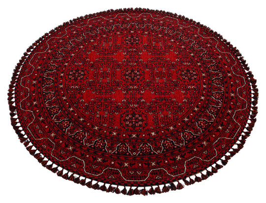 Şiraz 02 Red Q Afgan El Dokuma Görünümlü Yuvarlak Kilim – Yıkanabilir Dekoratif Kilim