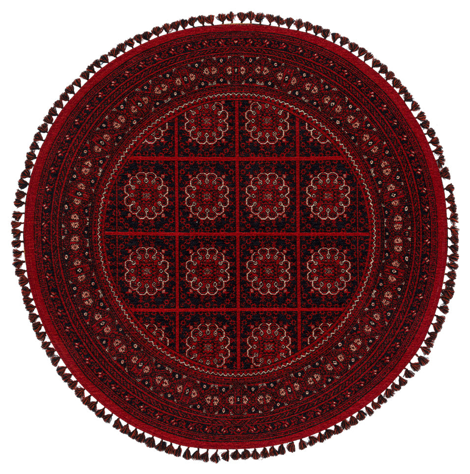 Şiraz 03 Red Q Afgan El Dokuma Görünümlü Yuvarlak Kilim – Yıkanabilir Dekoratif Kilim