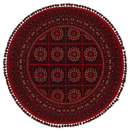 Şiraz 03 Red Q Afgan El Dokuma Görünümlü Yuvarlak Kilim – Yıkanabilir Dekoratif Kilim