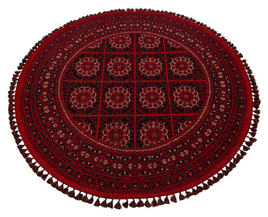 Şiraz 03 Red Q Afgan El Dokuma Görünümlü Yuvarlak Kilim – Yıkanabilir Dekoratif Kilim